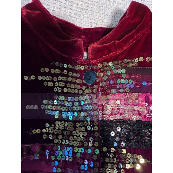 Chico’s Jacket M Burgundy Velvet Silk Blend Sequin Button Up Retro Glam Holiday - Picture 6 of 7